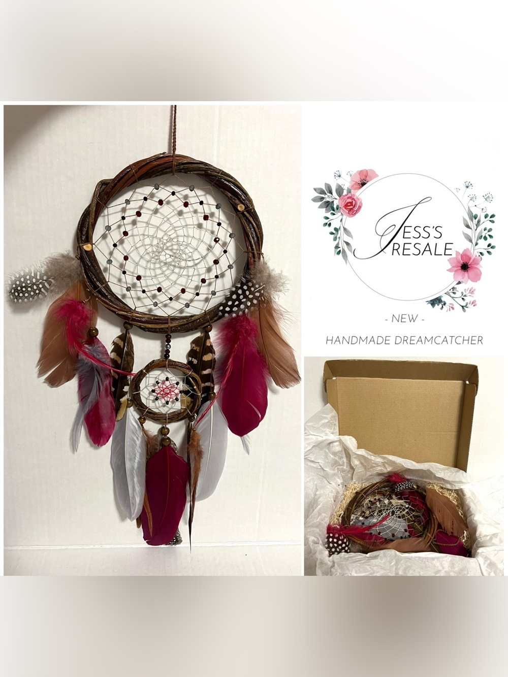 HANDMADE - NEW - NATURAL WILLOW / WOVEN BEADED FEATHER DREAMCATCHER